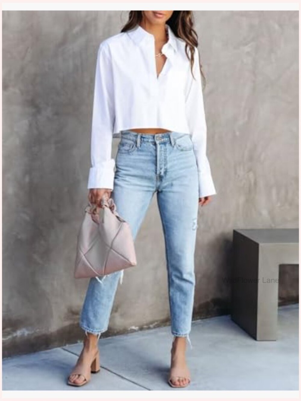 Women Cropped Long Sleeve Button Down Shirt with Pocket - Solid Casual Blouse - Picture 5 of 7